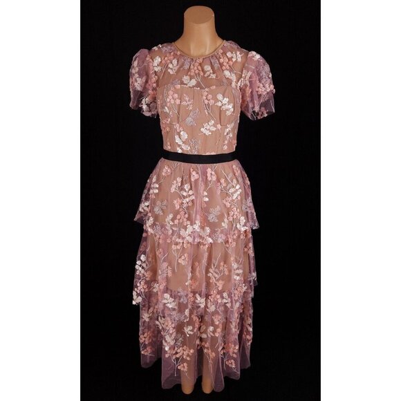 Self-Portrait Lace And Sequin Floral Midi Dress Size US 4 Pink $550 - Picture 2 of 16